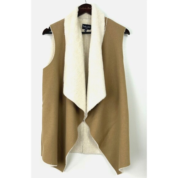 SPLENDID Tan Faux Sherpa Shearling Drape Open Front Keane Vest Sz Small 1086U4 - Picture 2 of 12